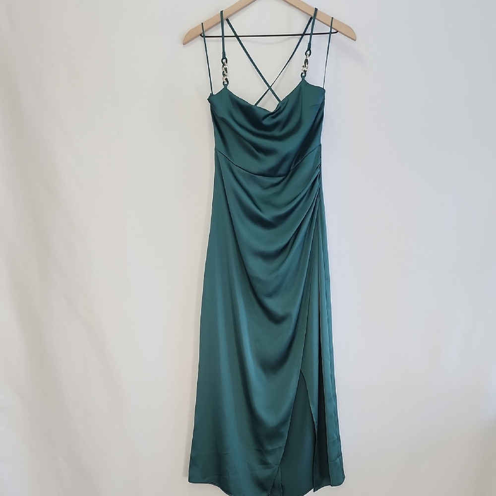 Emerald Green Slip Midi Dress with Draped Front